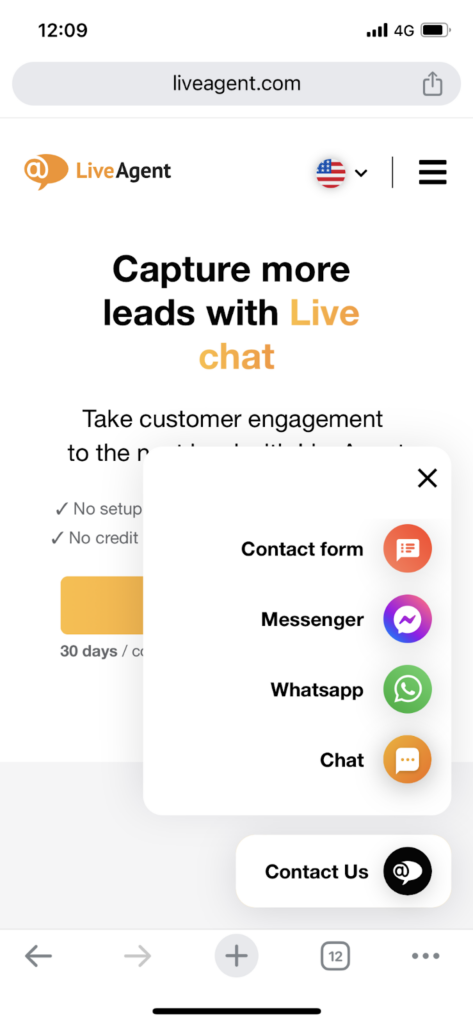 Imagen que muestra una captura de pantalla del widget de chat en vivo de LiveAgent, que permite la comunicación a través de múltiples canales, incluidas las redes sociales.