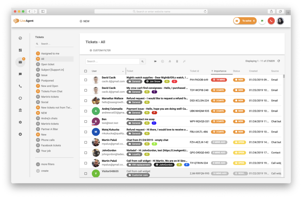 Vista previa de todos los tickets en el buzón de LiveAgent.