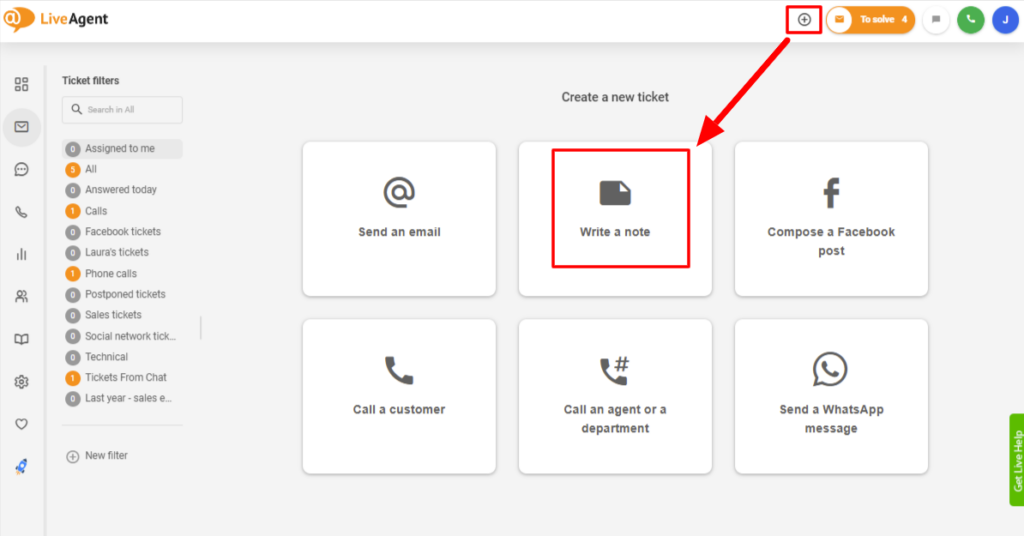 LiveAgent - usa notas internas para crear un ticket
