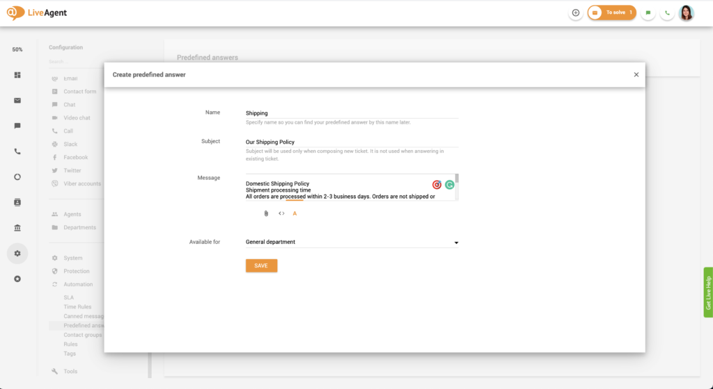Respuestas predefinidas configuradas en LiveAgent.