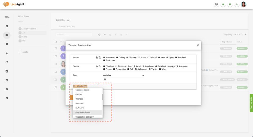 Filtro de cliente añadido en LiveAgent