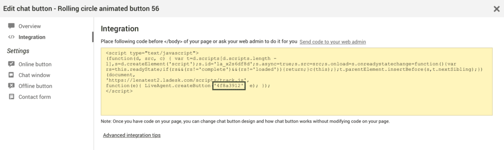 Imagen que muestra la ventana de integración "Editar botón de chat - Botón de ventana 59" de LiveAgent, que muestra el código para copiar en un sitio web.