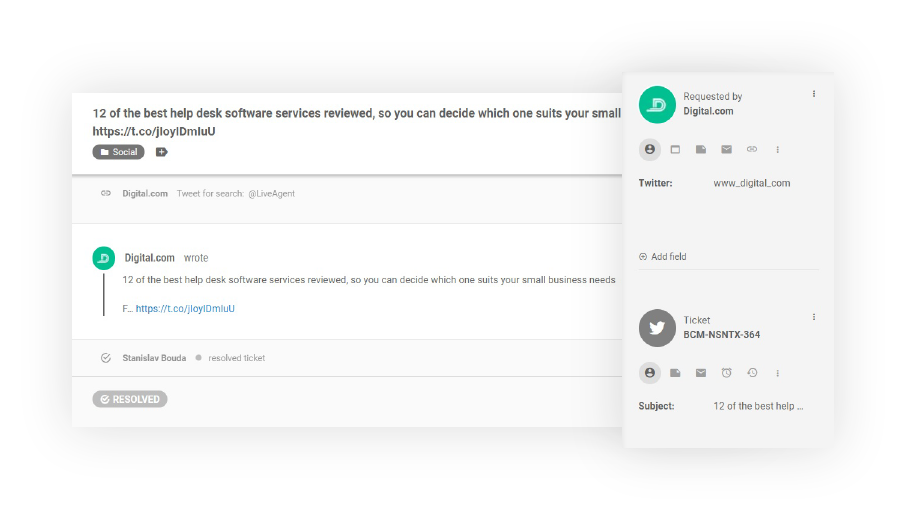 Ejemplo de ticket de Twitter en LiveAgent