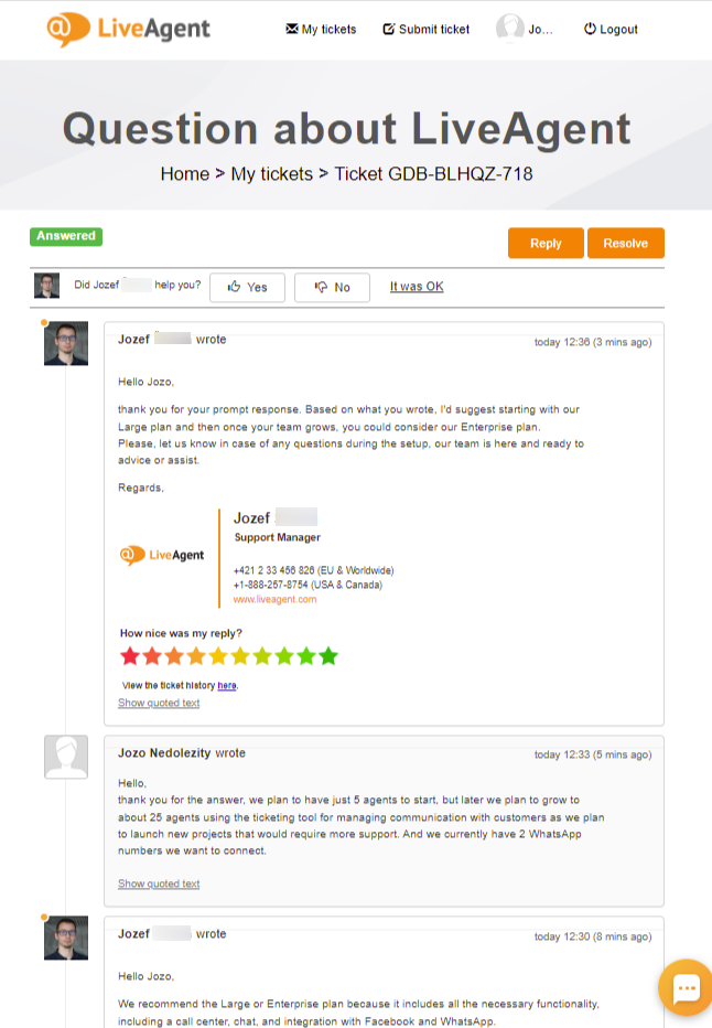 La función de historial de tickets en línea de LiveAgent