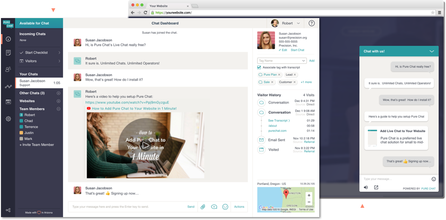 Vista del agente de Pure Chat del chat en vivo en curso