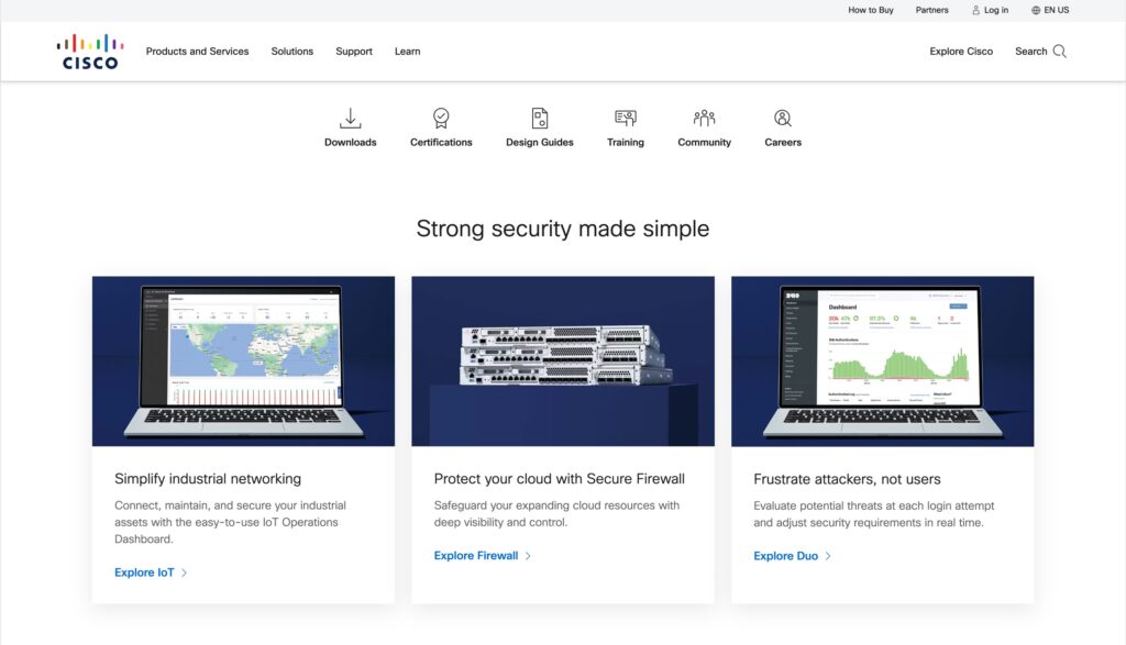 Imagen de la página de inicio de Cisco: plataforma que ofrece una variedad de productos de software para empresas.