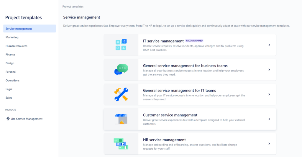 Resumen de proyectos de Jira Service Management