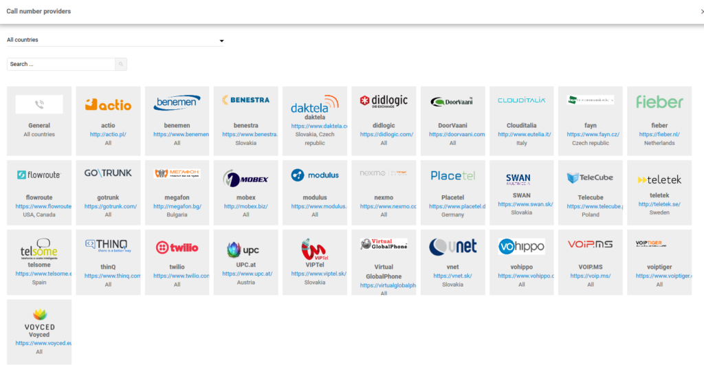 lista de proveedores de números de llamada