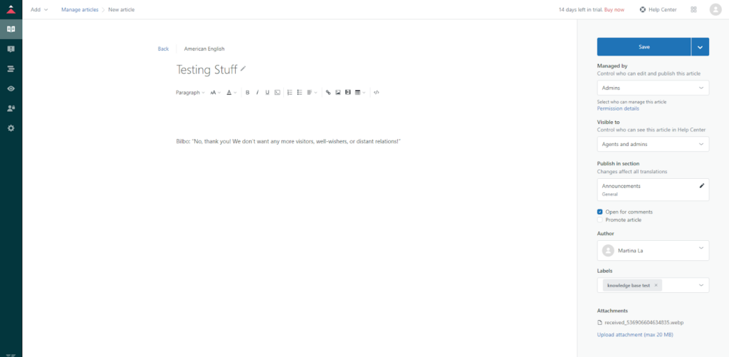 Zendesk Suite create knowledge base article