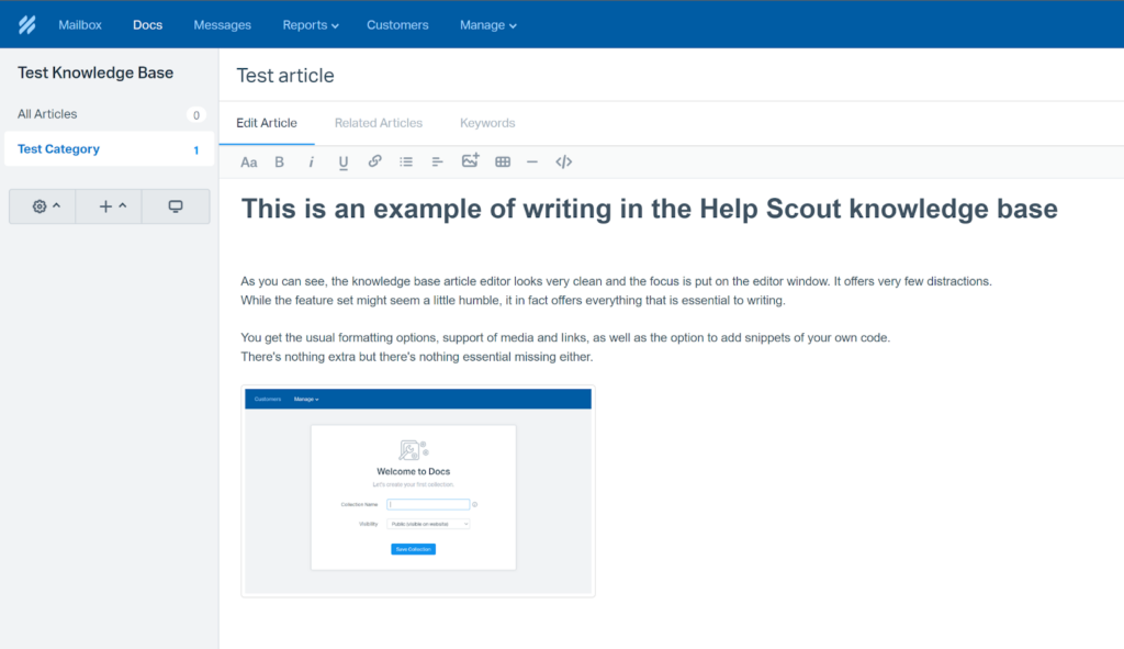 Creando un nuevo artículo en la base de conocimientos de Help Scout.