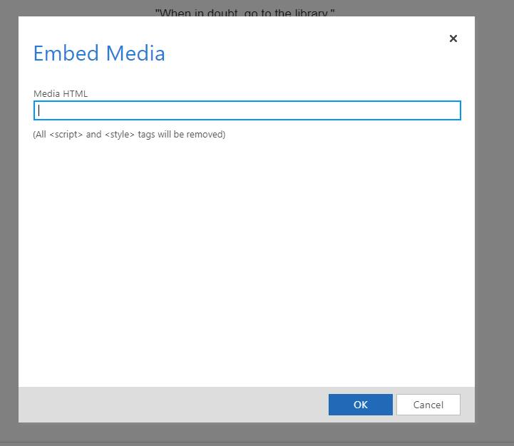 Opción de agregar contenido multimedia incrustado en Dynamics 365