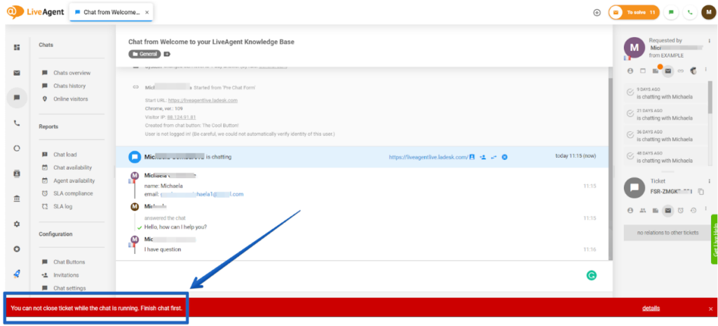 LiveAgent - advertencia de chat no resuelto