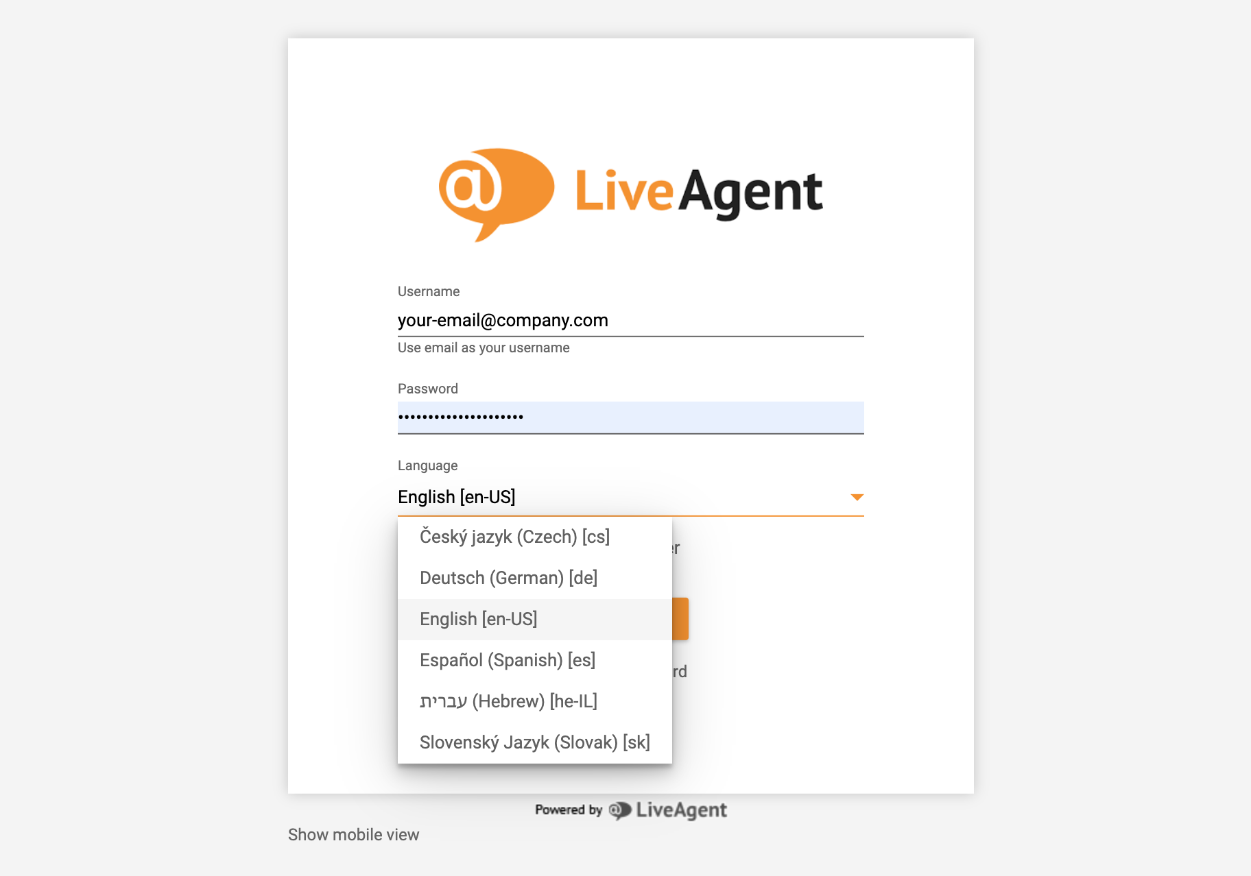 Inicio de sesión de LiveAgent - elección de idioma