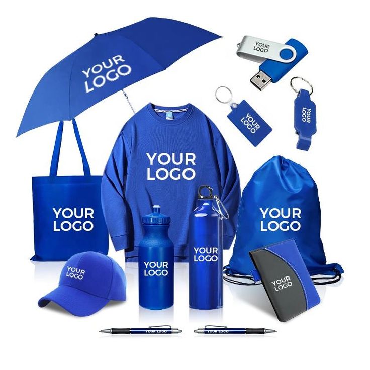 Varios artículos que pueden utilizarse como regalos promocionales de la empresa: gorras, bolsas de tela, frascos, cuadernos, bolígrafos, llaveros y otros artículos.