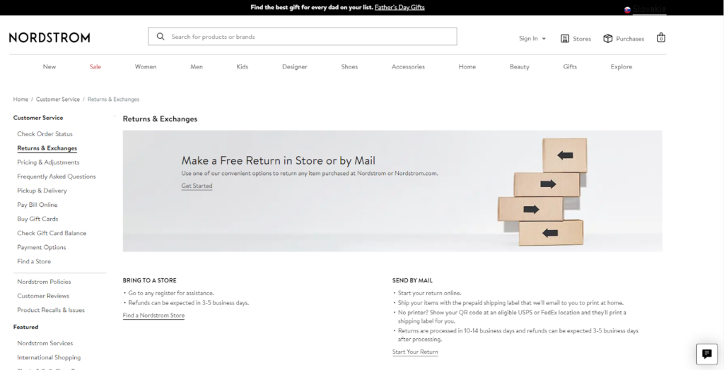 Captura de pantalla de una página de Nordstrom que ofrece devolución gratuita en la tienda o por correo