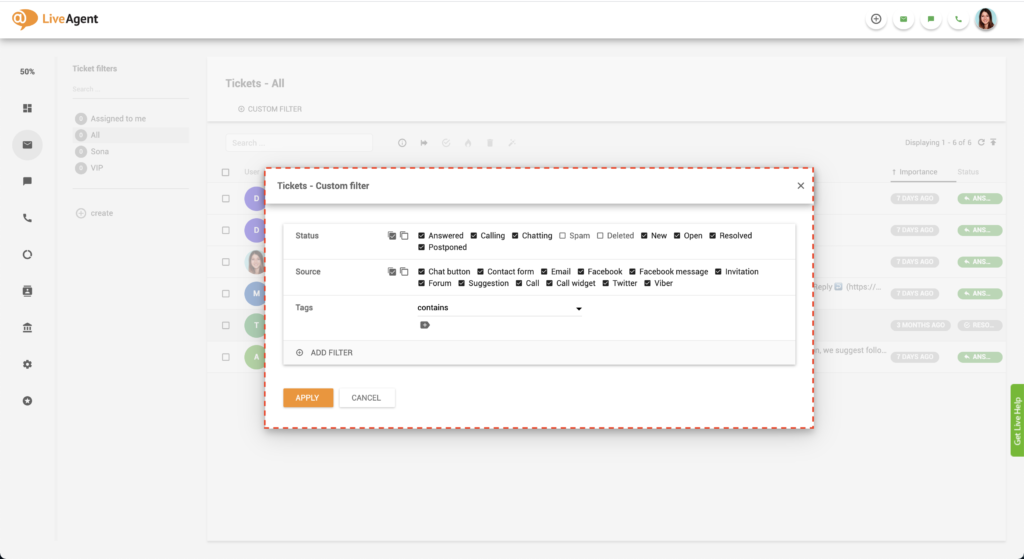 LiveAgent Seleccionando filtro