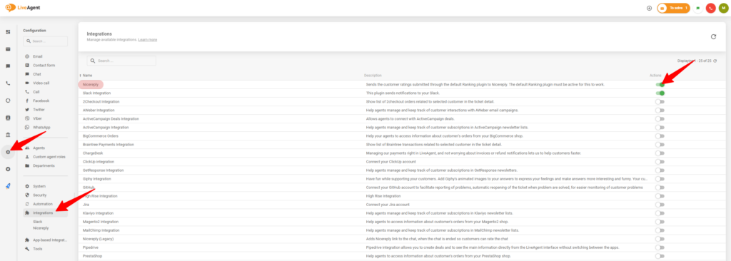 El proceso de habilitación de la integración con Nicereply en la configuración de LiveAgent.