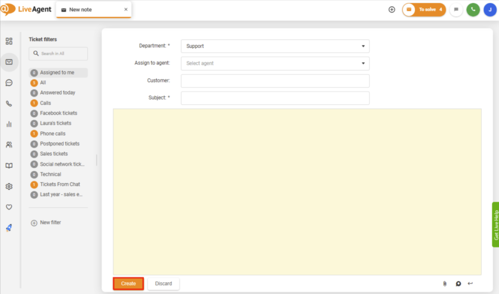 LiveAgent - usa notas internas para crear un ticket