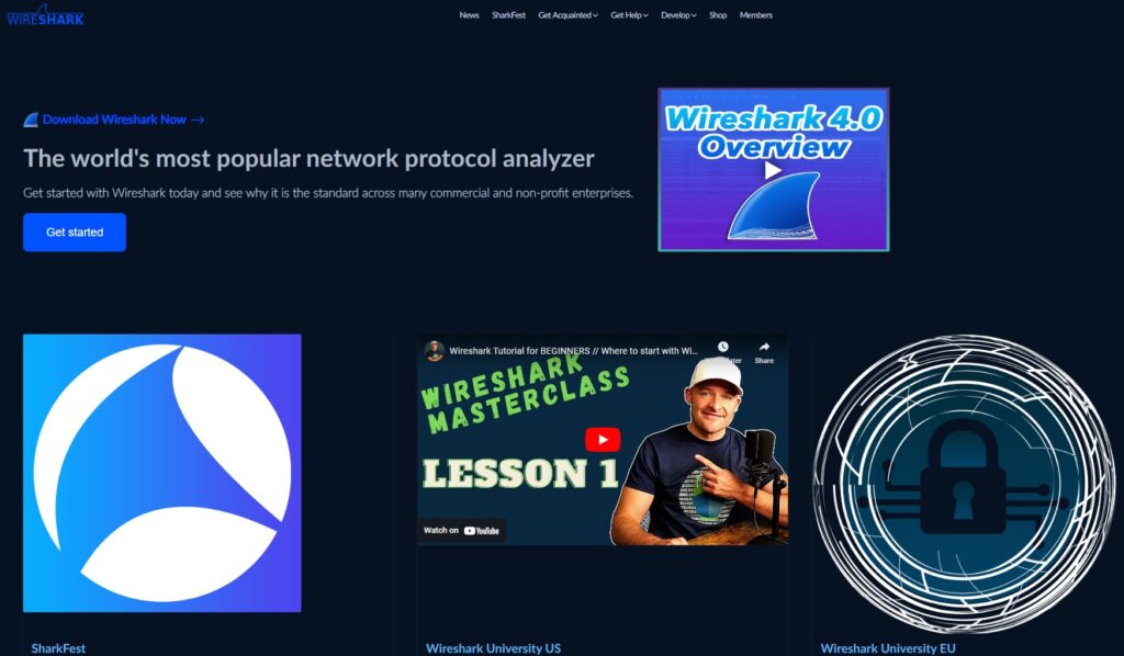Imagen de la página de inicio de Wireshark: un popular analizador de protocolos de red de código abierto para profesionales de TI.